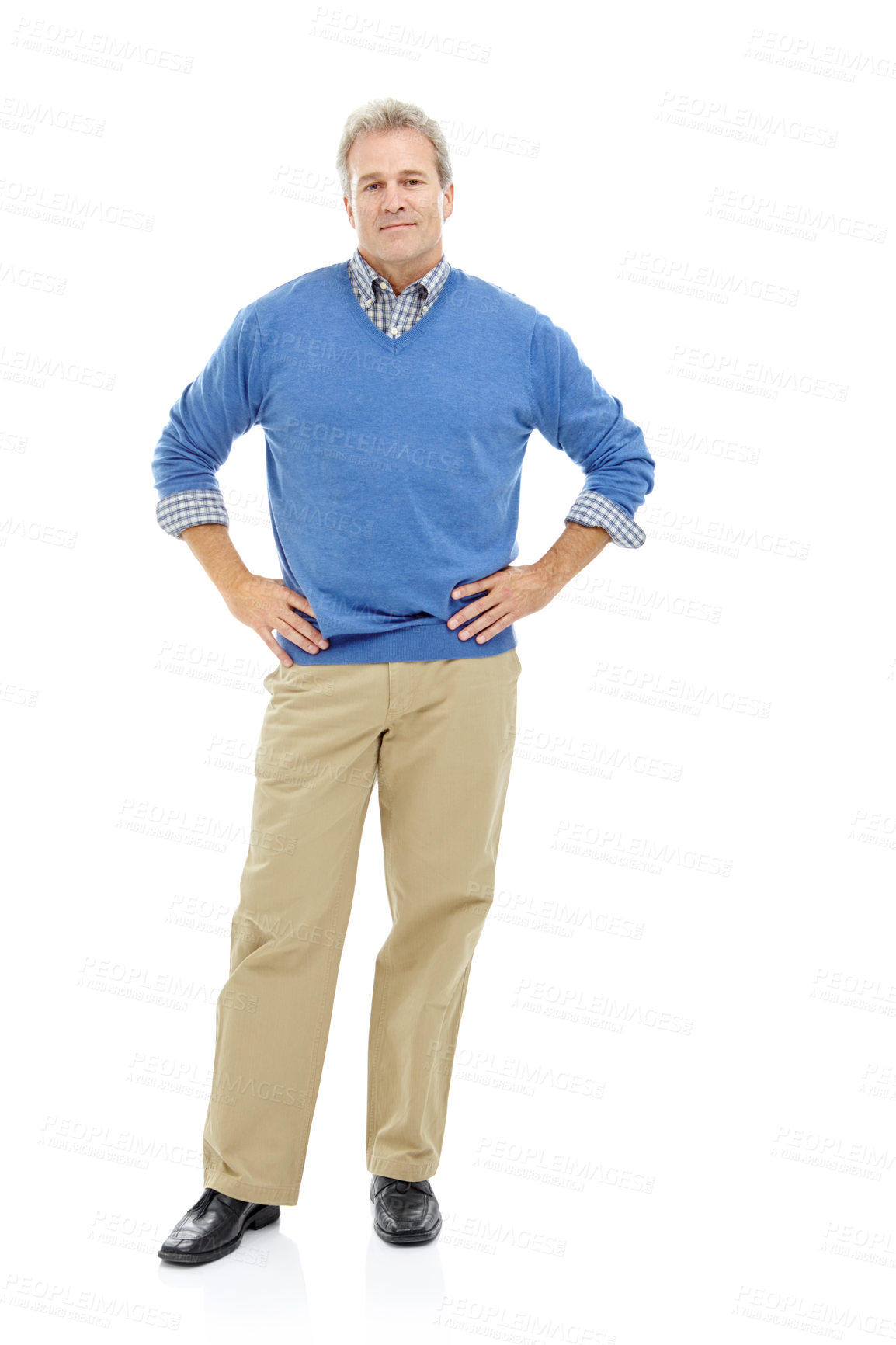 Buy stock photo Corporate, man and confident for portrait in studio of ambition, finance career and executive experience. Mature, person and hands on hips for investment, about us and opportunity on white background