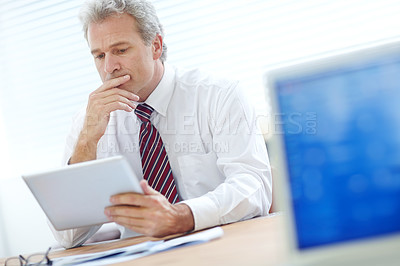 Buy stock photo Mature businessman, tablet and thinking in office for company financial planning, future and investment growth. Finance manager, technology and software app for corporate portfolio, revenue and ideas