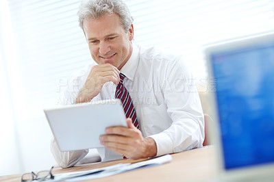 Buy stock photo Man, business and tablet for finance in office, communication and email client for risk management. Male person, networking and online for investment report, review budget portfolio and planning