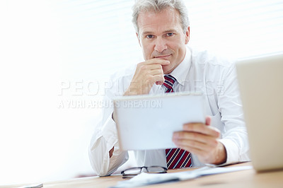 Buy stock photo Man, portrait and tablet for finance in office, communication and email client for risk management. Male person, networking and online for investment report, review budget portfolio and planning