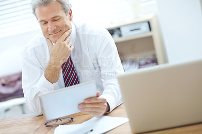 Buy stock photo Business man, happy and tablet in office for brainstorming investment idea or planning company merger. Research, tech and mature person for communication, service development and acquisition proposal