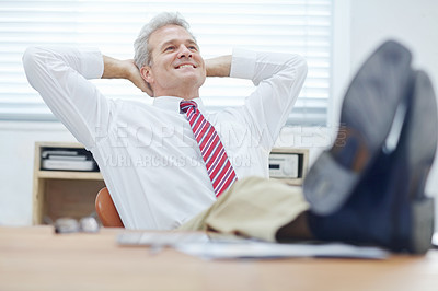 Buy stock photo Business man, smile and thinking in office for brainstorming investment idea or planning company merger. Employee, relax and vision for project direction, service development and acquisition proposal