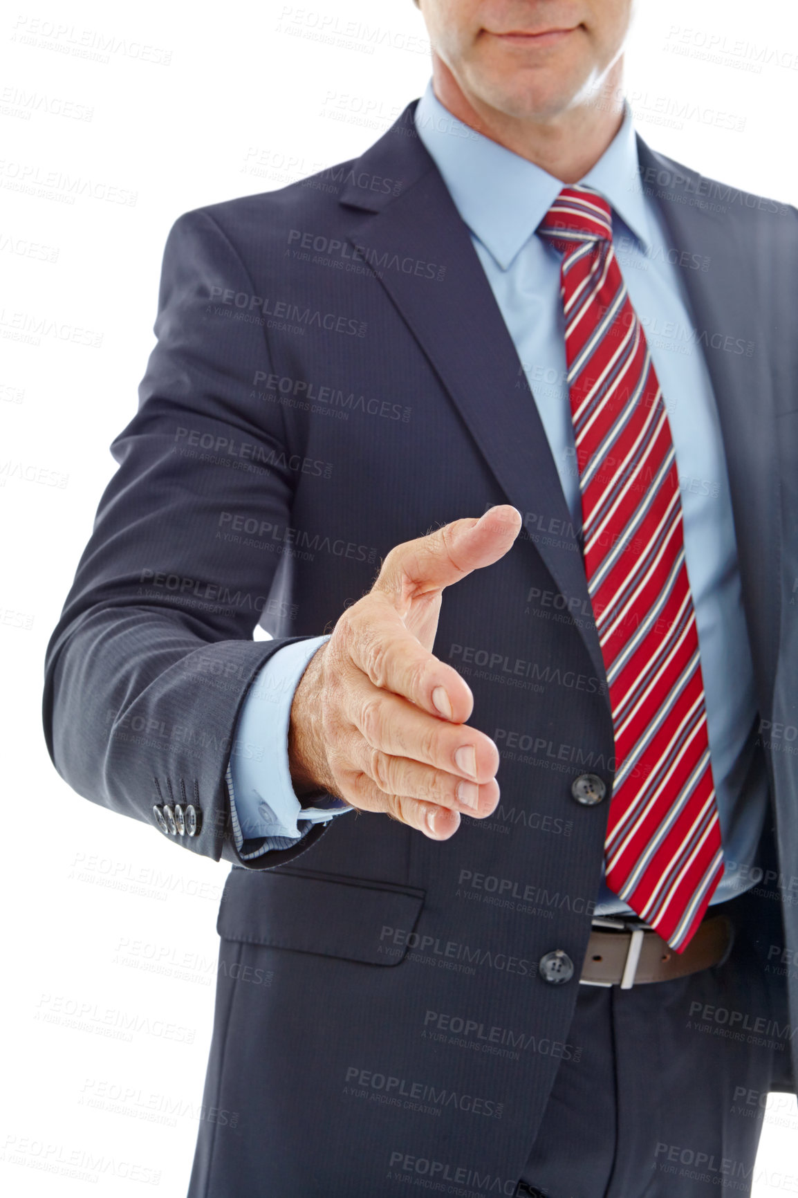 Buy stock photo Cropped studio shot of a businessman extending his arm to shake hands