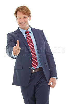 Buy stock photo Studio portrait of a mature businessman giving the thumbs up isolated on white