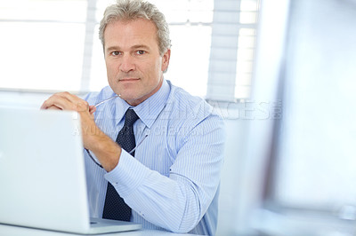 Buy stock photo Portrait of a handsome mature businessman sitting at his desk in front of a laptop
