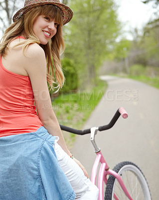 Buy stock photo Outdoor, smile and woman with bicycle, travel and eco friendly with reduced emissions and weekend. Commuting, happy and person with transport, ride and cycling in morning, energy and active with bike