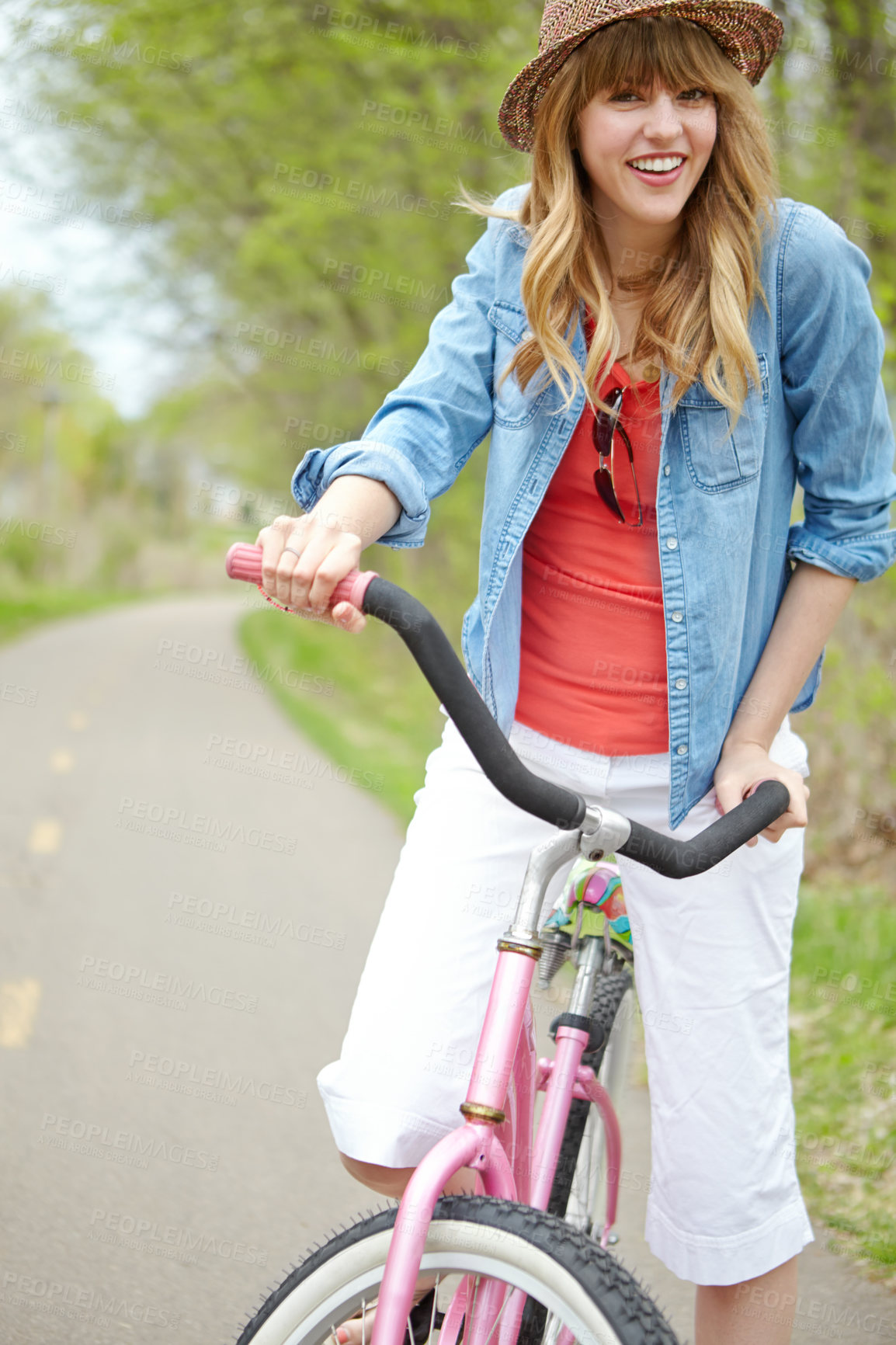 Buy stock photo Outdoor, ride and woman with bicycle, travel and eco friendly with reduced emissions and weekend. Commuting, happy and person with transport, active and cycling in morning, portrait and fun with bike