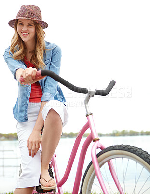 Buy stock photo Outdoor, relax and woman with bicycle, travel and eco friendly with reduced emissions or weekend. Commuting, joy and person with transport, space and cycling in morning, portrait and active with bike