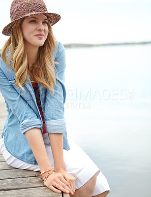 Buy stock photo Thinking, woman and jetty for vacation, break or holiday with happiness, sky and relax on lake. Female person, smile and travel on pier for freedom, outdoor adventure or peace as tourist in Indonesia