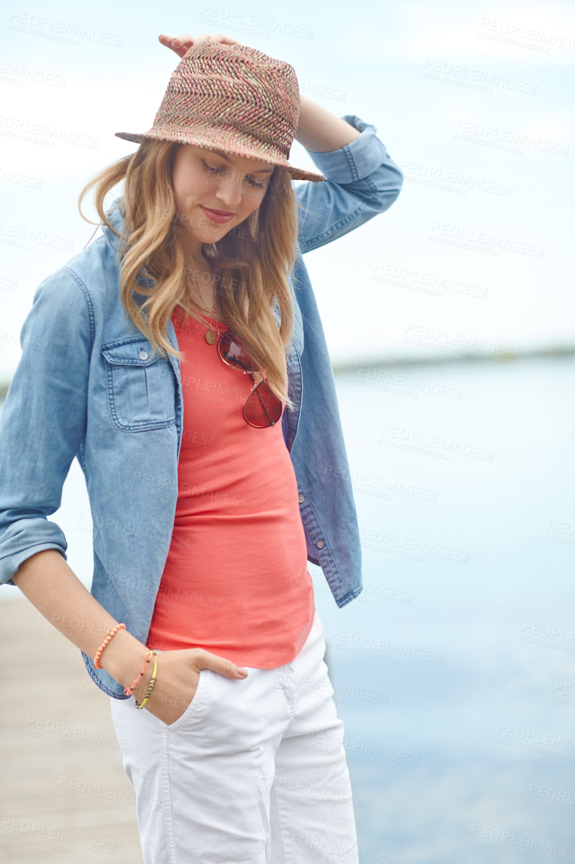 Buy stock photo Vacation, relax and woman on pier with fashion, thinking and outdoor adventure in nature. Dock, lake and happy girl on travel holiday with casual style, confidence and calm weekend morning in Canada