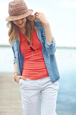 Buy stock photo Vacation, relax and happy woman on pier with fashion, thinking and outdoor adventure in nature. Dock, lake and girl on travel holiday with casual style, confidence and calm weekend morning in Canada