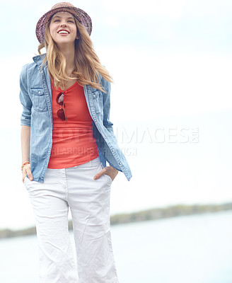 Buy stock photo Vacation, thinking and woman at lake with fashion, relax and outdoor adventure in nature. Dock, river and happy girl on travel holiday with casual style, confidence and calm weekend morning in Canada