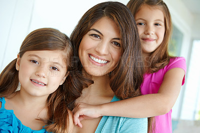 Buy stock photo Home, smile and portrait of woman with children for development, care and bonding together. Happy, daughter and mother with girl kids in house for family connection, love and relaxing on weekend