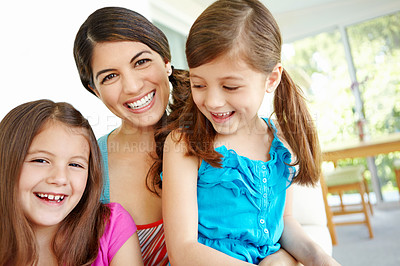 Buy stock photo Home, happy and portrait of woman with kids for development, care and bonding together on weekend. Smile, daughter and mother with children in house for family love, connection and relaxing on sofa