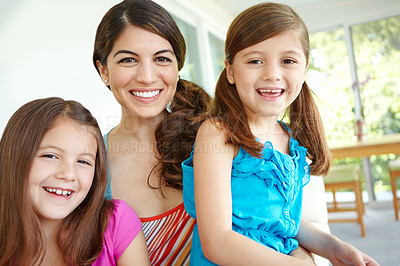 Buy stock photo House, smile and portrait of woman with children for development, love and bonding together. Happy, daughter and mother with girl kids at home for family connection, relaxing and care on weekend