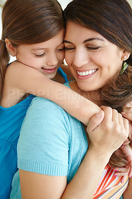 Buy stock photo Smile, mother and piggyback child in family home for love, care and safety together in living room. Happy girl, mom and hug kid for support, connection and trust single parent with foster daughter