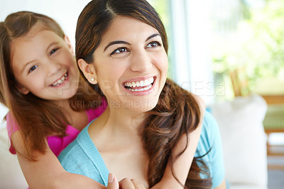 Buy stock photo Laugh, mother and hug child in family home for love, care and funny joke in living room together. Happy girl, mom and embrace kid for support, connection and trust single parent with foster daughter