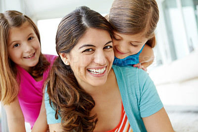 Buy stock photo House, happy and portrait of woman with children for development, connection and bonding together. Daughter, smile and mother with girl kids at home for family love, relaxing and care on weekend