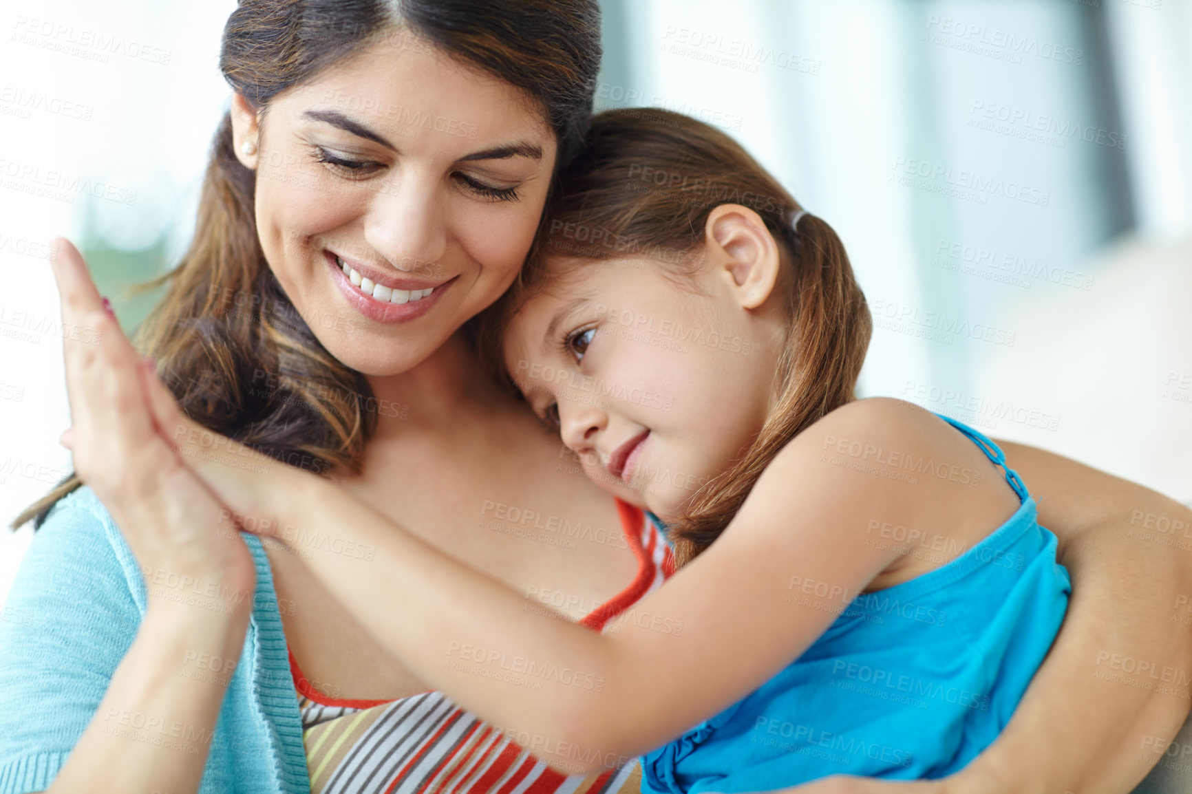 Buy stock photo Hug, mom and smile for child, affection and bonding with daughter, calm and comfort for girl and family. Embrace, mother and care for kid, relax and motherhood for woman, adoption or together in home