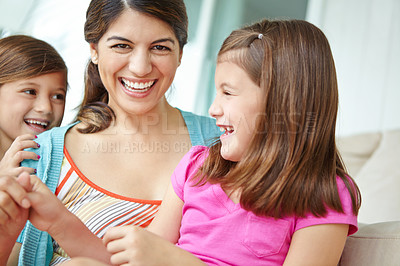 Buy stock photo Kids, playful and portrait with mother in home for development, support and bonding on weekend. Family, love and girl children with smile by woman in house for care, relaxing and connection together