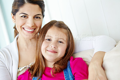 Buy stock photo Hug, mom and love for child, portrait and bonding with daughter, calm and comfort for girl and family. Embrace, mother and care for kid, relax and motherhood for woman, adoption and home in Canada