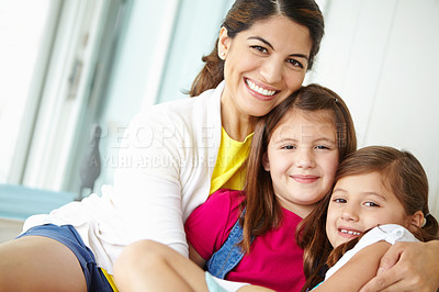 Buy stock photo Hug, mom and love for children, portrait and affection for daughter, calm and comfort for girls or family. Happy, mother and care for kids, relax and motherhood for woman, adoption and home in USA