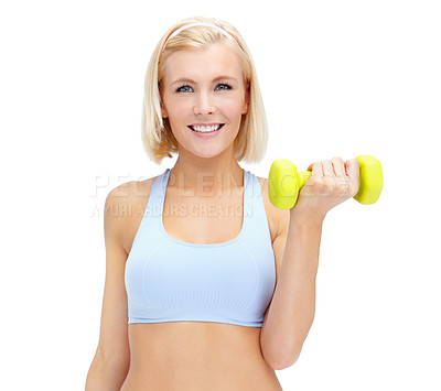 Buy stock photo Portrait, dumbbells and woman with exercise, fitness and wellness on white studio background. Smile, athlete person and model with workout, performance and equipment for muscle training and health