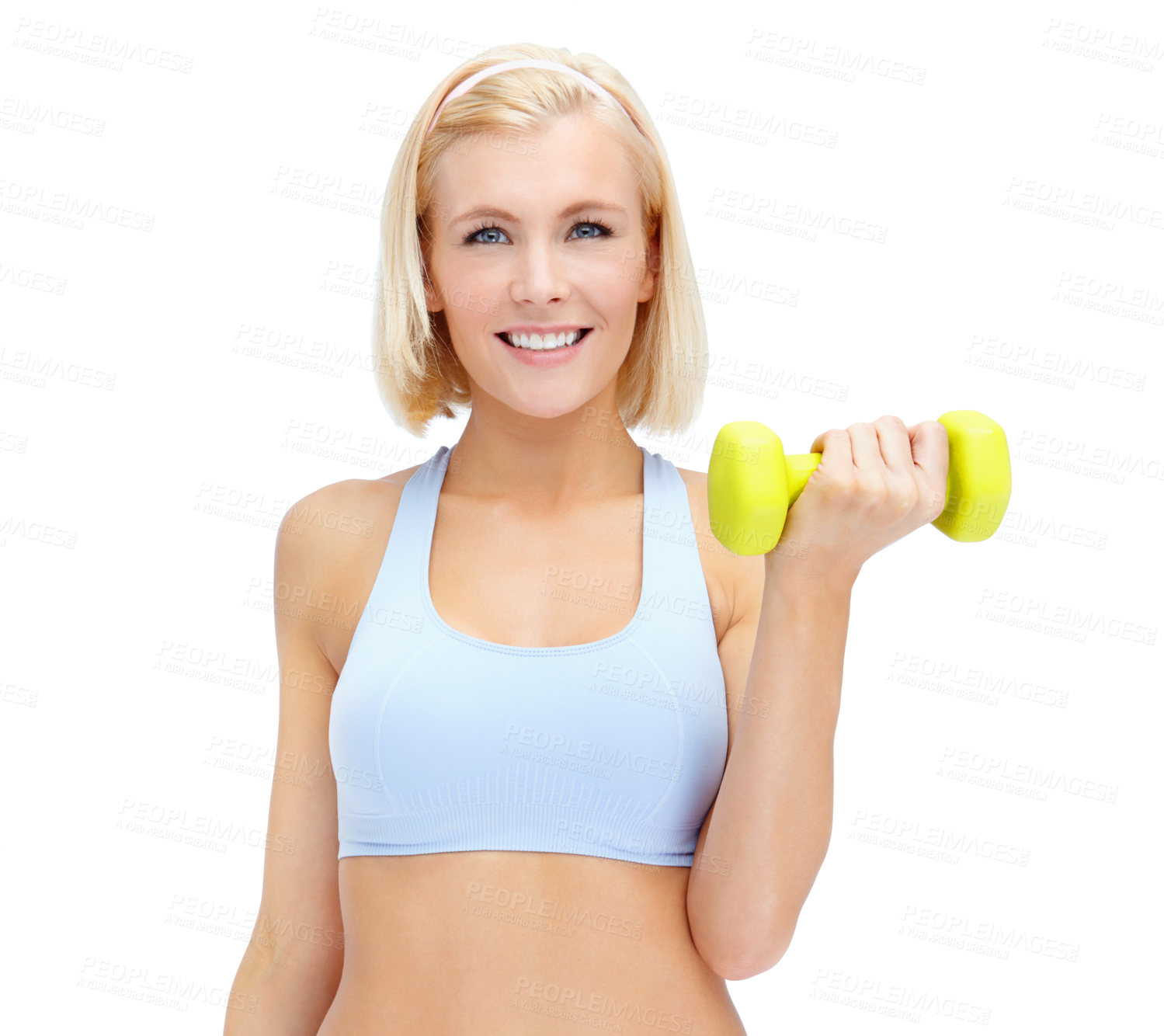 Buy stock photo Portrait, dumbbells and woman with exercise, fitness and wellness on white studio background. Smile, athlete person and model with workout, performance and equipment for muscle training and health