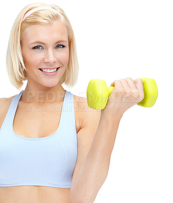 Buy stock photo Smile, dumbbells and woman with workout, fitness and wellness on white studio background. Portrait, athlete person and model with exercise, performance and equipment for muscle training and health