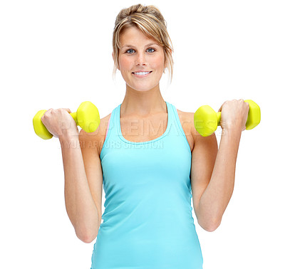 Buy stock photo Fitness, portrait and woman with dumbbell in studio for training challenge, exercise and healthy body. Happy, athlete and person with gym equipment for muscle, strength or workout by white background