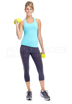 Buy stock photo Portrait, confidence and woman with dumbbell in studio for healthy body, challenge or fitness training. Athlete, exercise and person with equipment for muscle, workout or strength by white background