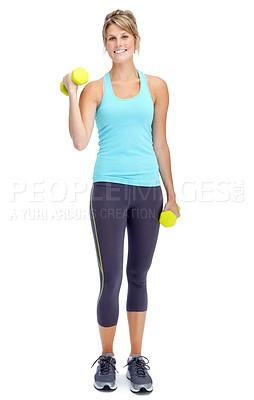 Buy stock photo Portrait, dumbbells and model with exercise, workout and wellness on white studio background. Smile, athlete person and woman with fitness, performance and equipment for muscle training and health