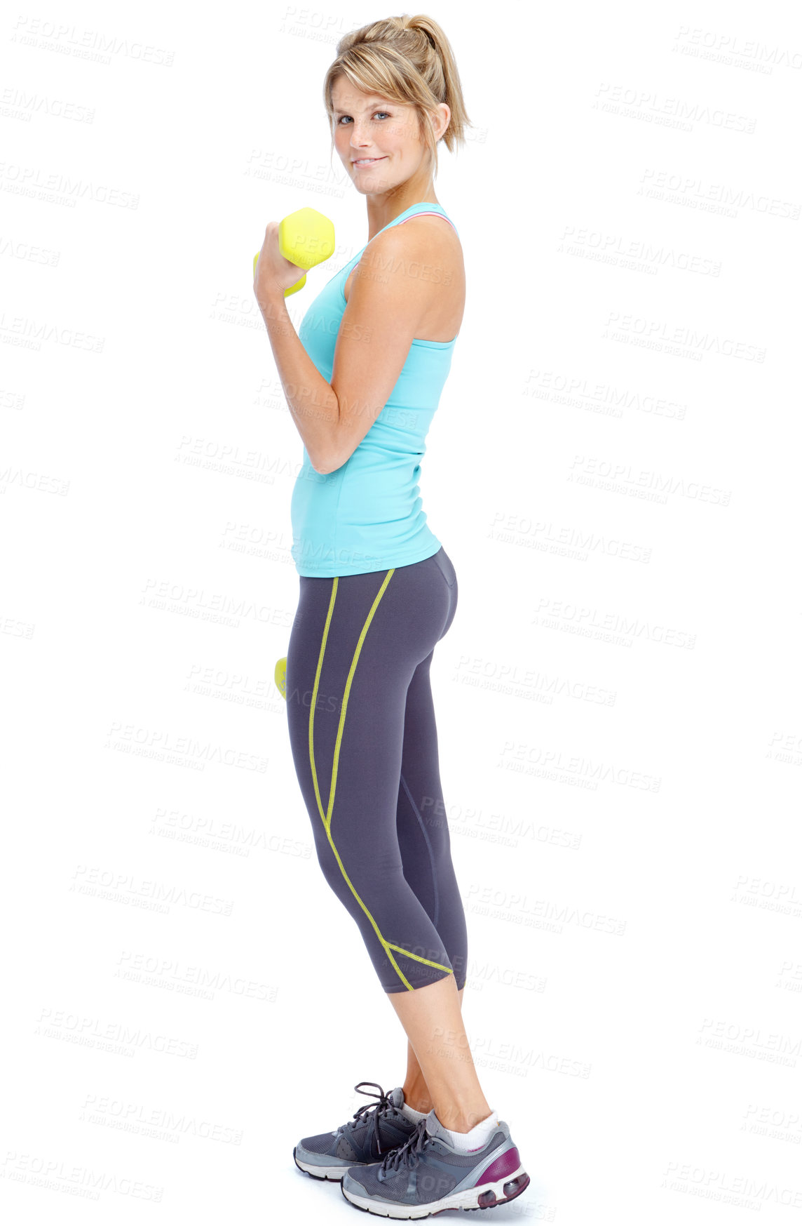 Buy stock photo Athlete, portrait and woman with dumbbell in studio for training challenge, fitness or healthy body. Happy, person and exercise with gym equipment for muscle, strength or workout by white background