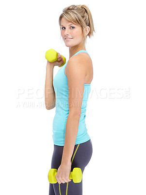 Buy stock photo Workout, portrait and woman with weights in studio for muscle exercise, fitness and healthy body. Confident, athlete and person with dumbbell for strength, challenge and training by white background