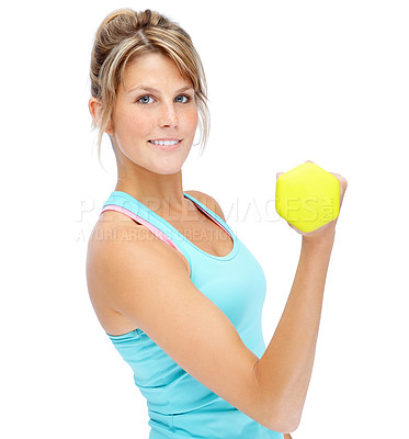 Buy stock photo Mockup, dumbbells and woman with exercise, workout and wellness on white studio background. Portrait, athlete smile and model with fitness, performance and equipment for muscle training and health