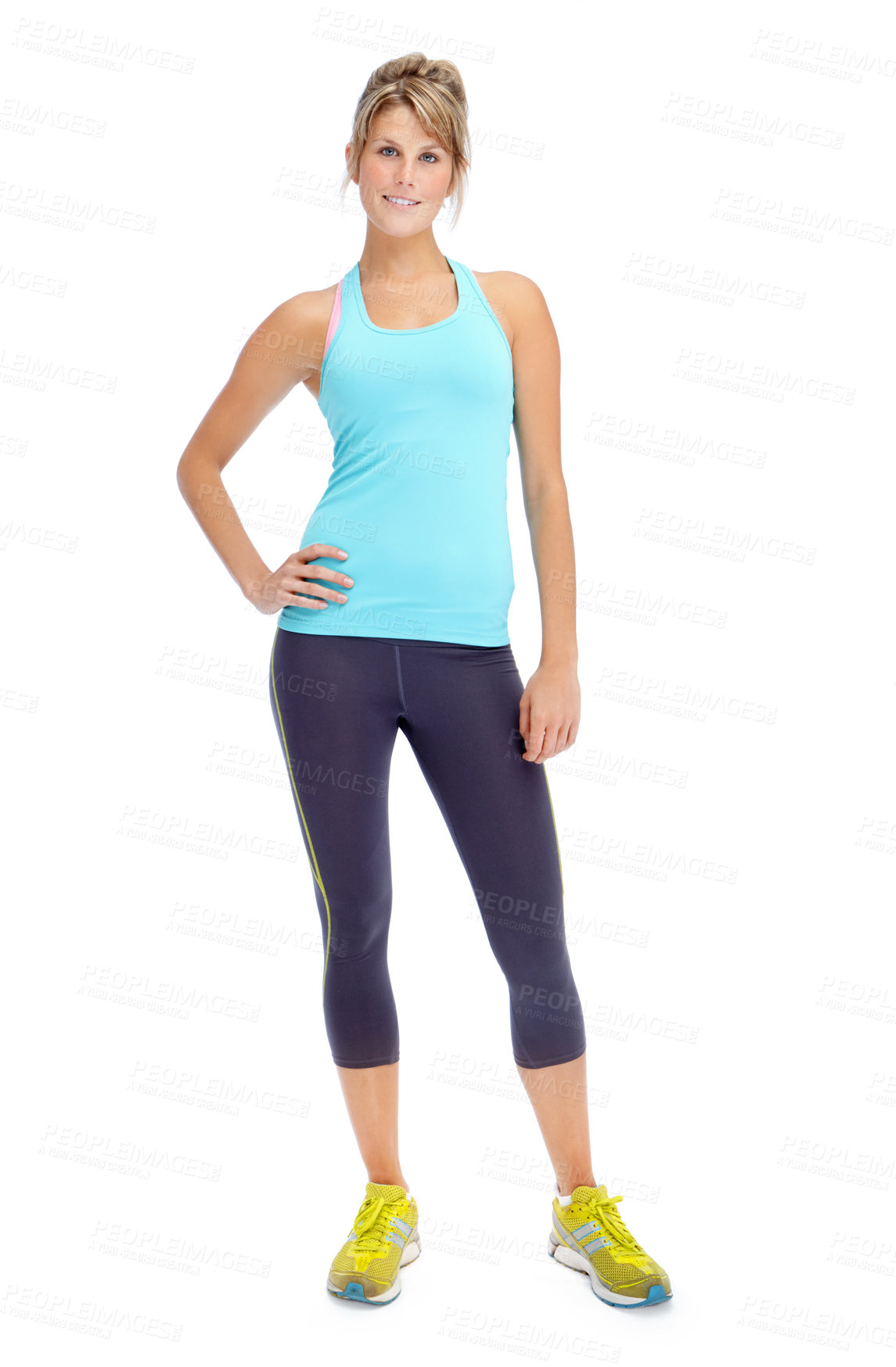 Buy stock photo Portrait, fitness and woman with smile, studio and healthy with workout, confident and strength with exercise. White background, wellness and proud of training, goals and relax in sportswear and USA