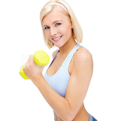 Buy stock photo Portrait, dumbbells and woman with fitness, workout and wellness on white studio background. Mockup, athlete smile and model with exercise, performance and equipment for muscle training and health