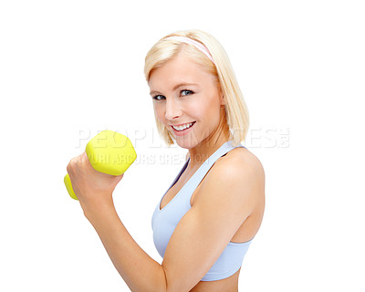 Buy stock photo Portrait, dumbbells and model with fitness, workout and wellness on white studio background. Mockup, athlete smile and woman with exercise, performance and equipment for muscle training and health