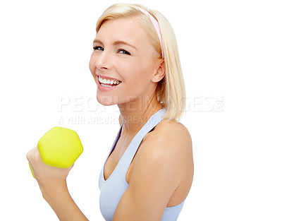 Buy stock photo Portrait, dumbbells and bodybuilder with fitness, workout or wellness on white studio background. Mockup, athlete smile and woman for exercise, performance and equipment for muscle training or health