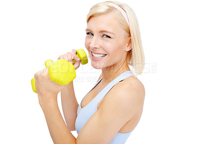 Buy stock photo Mockup, dumbbells and bodybuilder with fitness, workout or wellness on white studio background. Portrait, athlete smile and woman for exercise, performance and equipment for muscle training or health