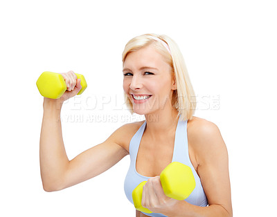 Buy stock photo Mockup, dumbbells and bodybuilder with exercise, workout or wellness on white studio background. Portrait, athlete smile and woman for fitness, performance and equipment for muscle training or health