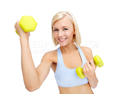 Buy stock photo Mockup, dumbbells and bodybuilder with exercise, fitness or wellness on white studio background. Portrait, athlete smile and woman for workout, performance and equipment for muscle training or health