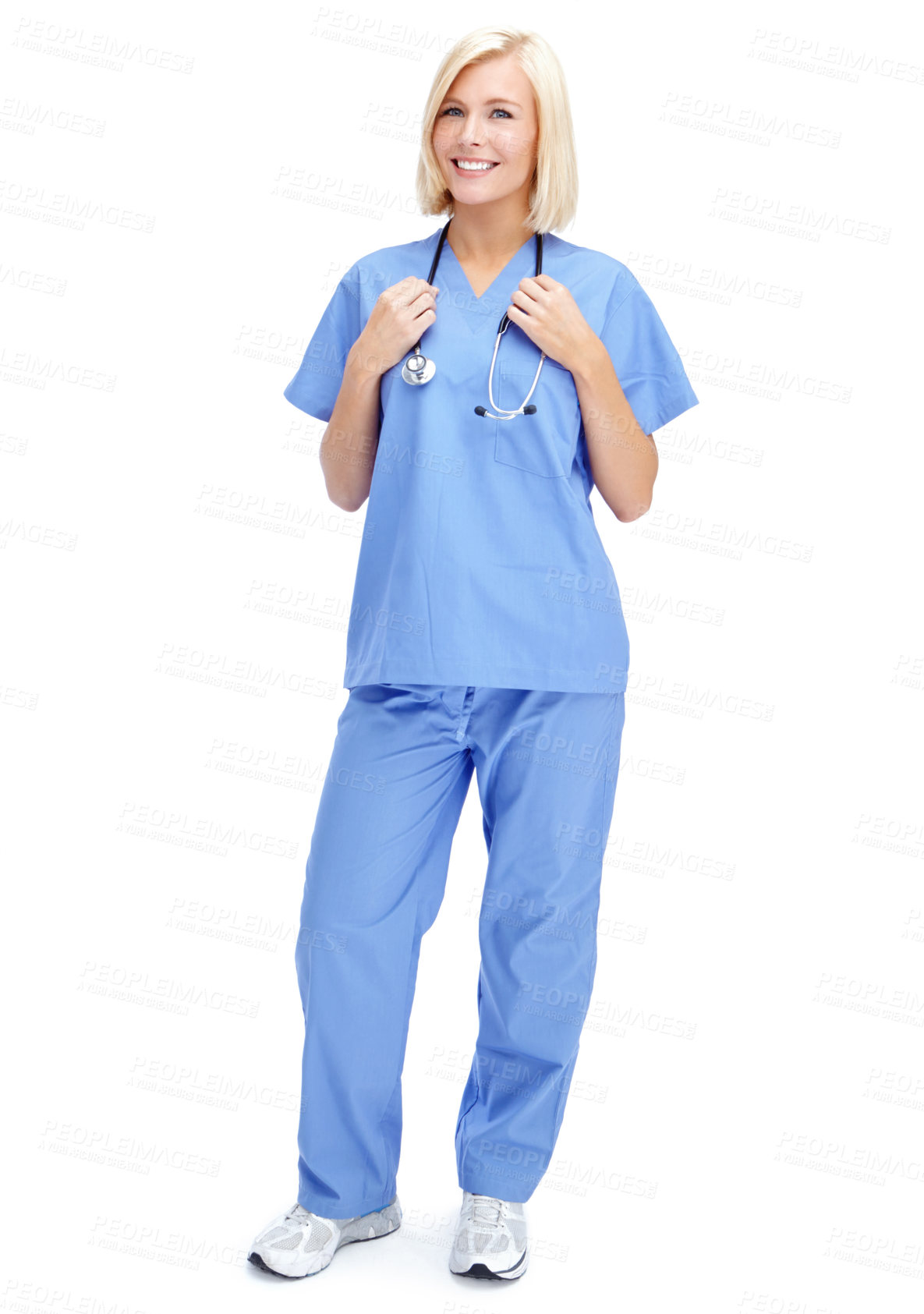 Buy stock photo Nurse, portrait and stethoscope on isolated white background in cardiovascular, lungs or heart wellness check. Smile, happy woman and face of healthcare worker, medical equipment or doctor consulting