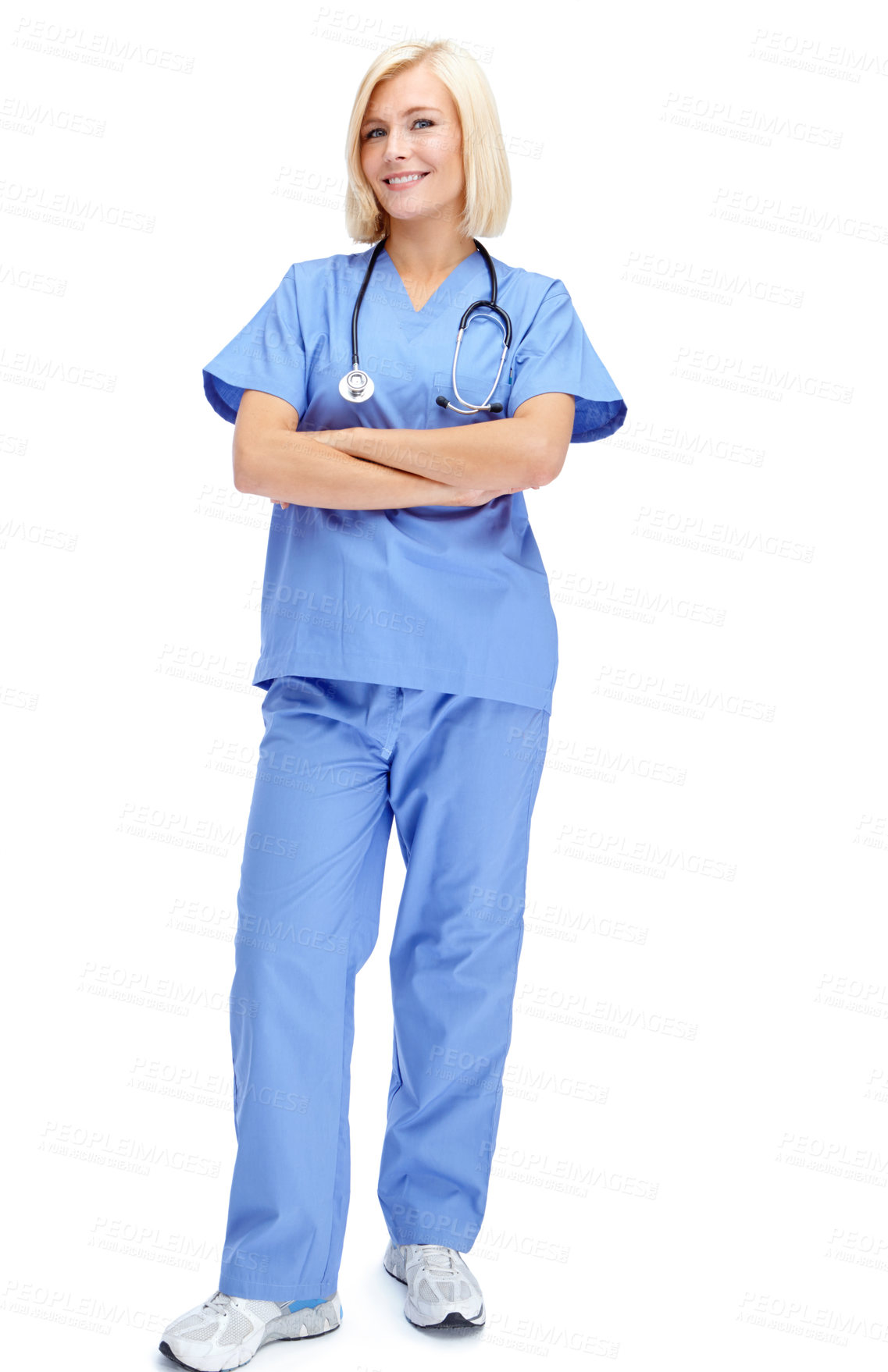 Buy stock photo Healthcare, woman and portrait of a nurse in a studio with a stethoscope ready for a consultation. Nursing, doctor and happy female medical worker from Canada in scrubs isolated by a white background