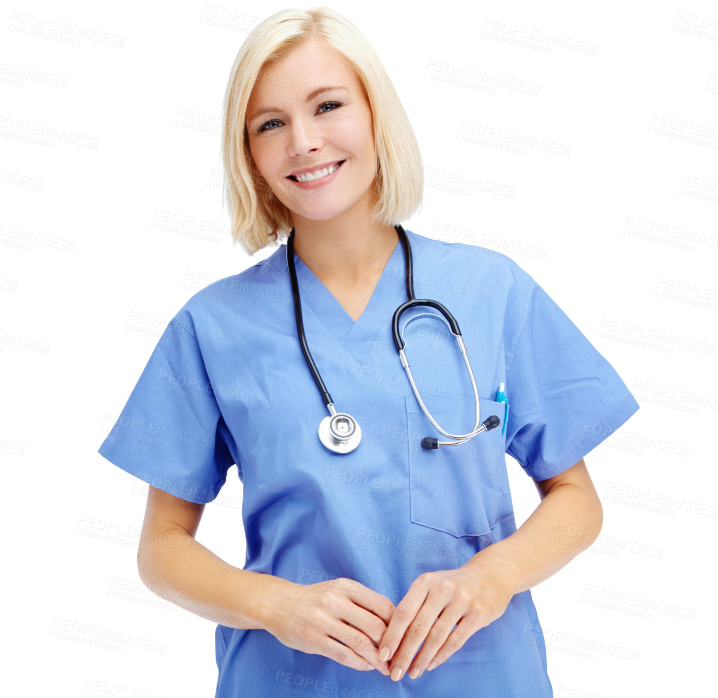 Buy stock photo Nursing, healthcare and portrait of a nurse in studio with a stethoscope ready for a consultation. Medicare, doctor and happy female medical worker from Canada in scrubs isolated by white background.