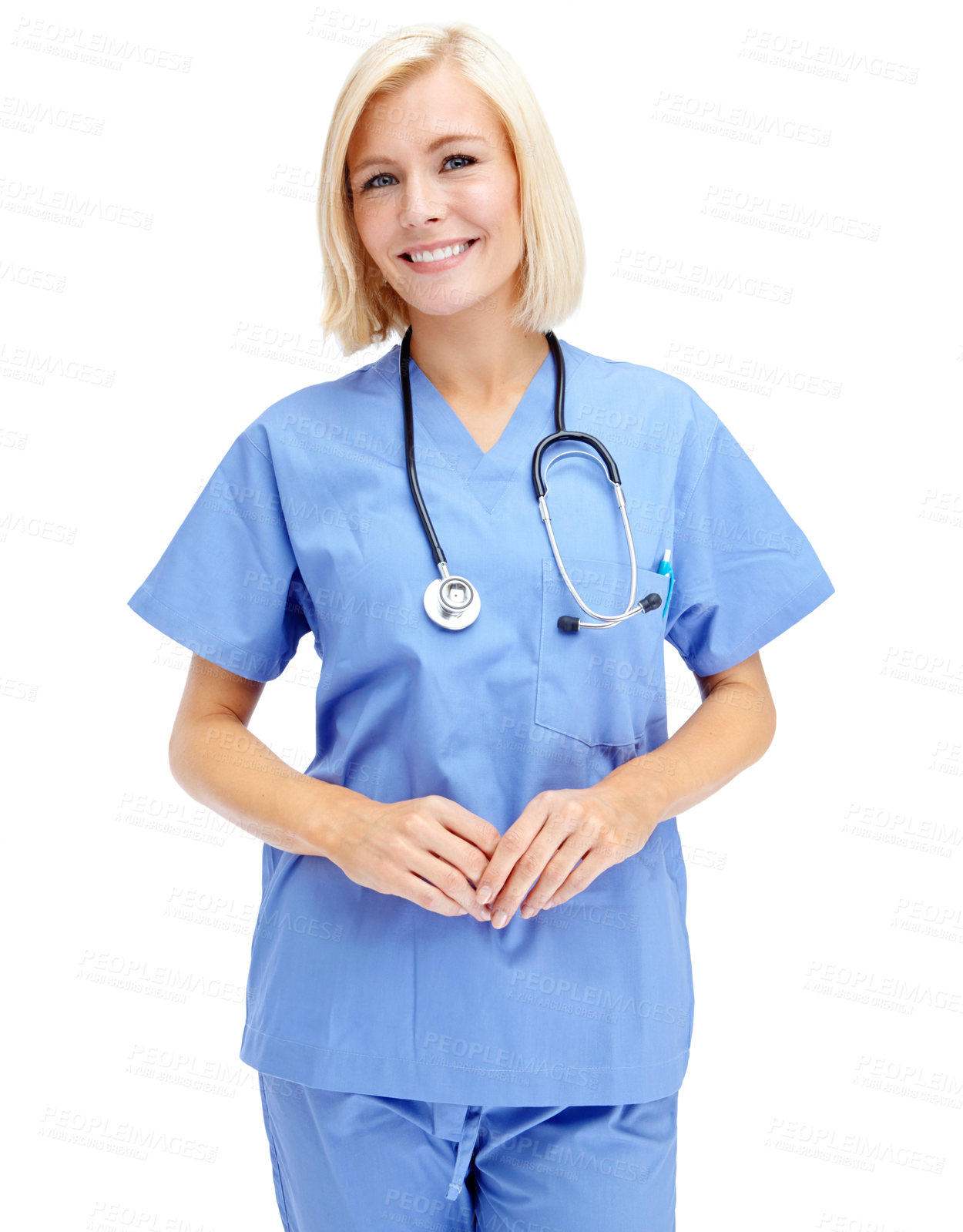 Buy stock photo Healthcare, portrait and woman nurse in a studio with a stethoscope ready for a consultation. Nursing, doctor and happy female medical worker from Canada in scrubs isolated by a white background.