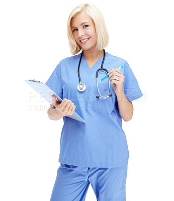 Buy stock photo Portrait, healthcare and insurance with a nurse woman in studio isolated on a white background for health. Hospital, documents and medical with a female medicine professional writing on a clipboard