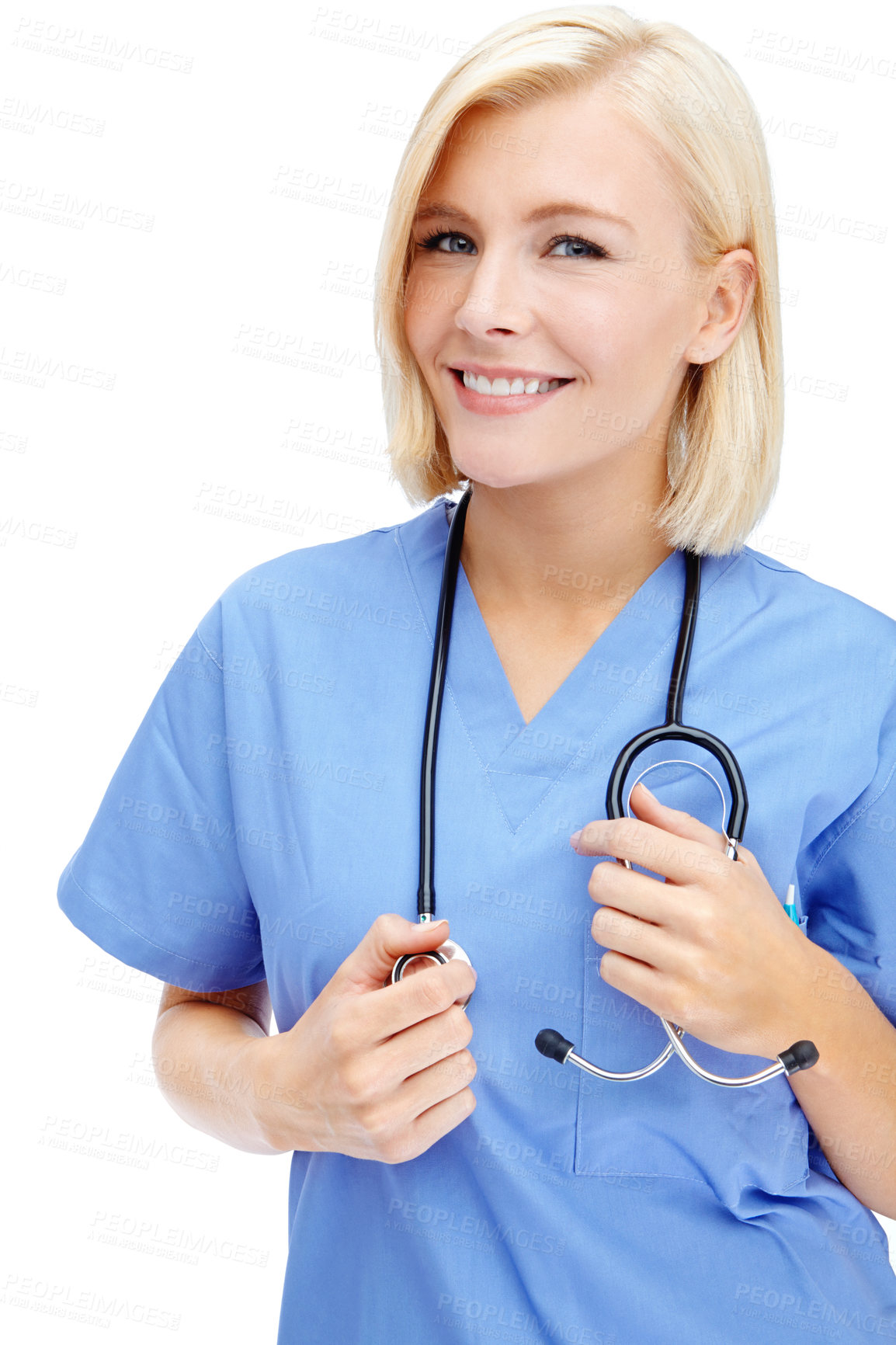 Buy stock photo Nurse, portrait and medical stethoscope on isolated white background in cardiovascular, lungs or heart wellness check. Smile, happy woman and face of healthcare worker, equipment or doctor consulting