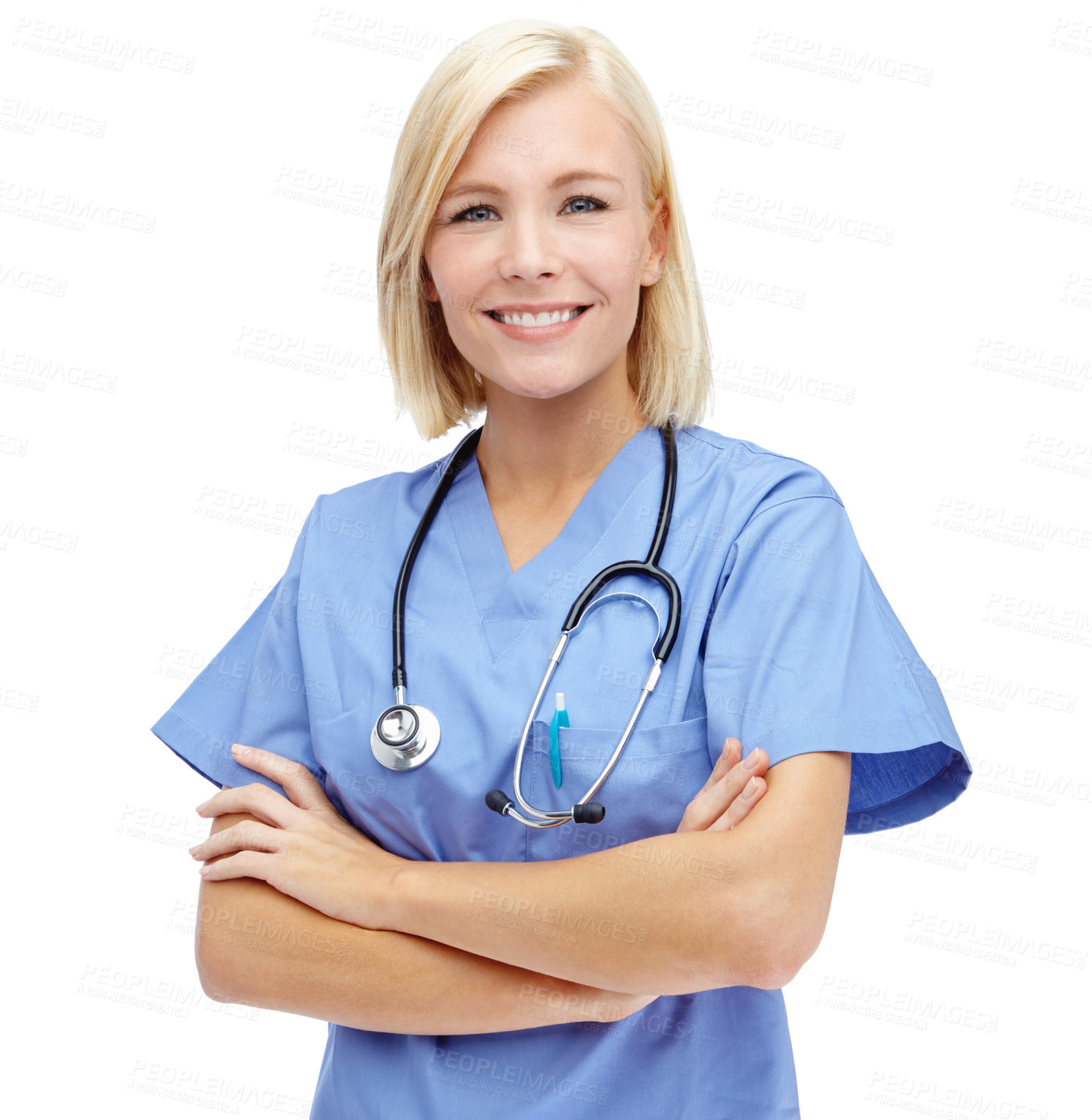 Buy stock photo Woman, nurse and smile with arms crossed and stethoscope for healthcare against a white studio background. Portrait of a professional female medical doctor standing isolated and smiling