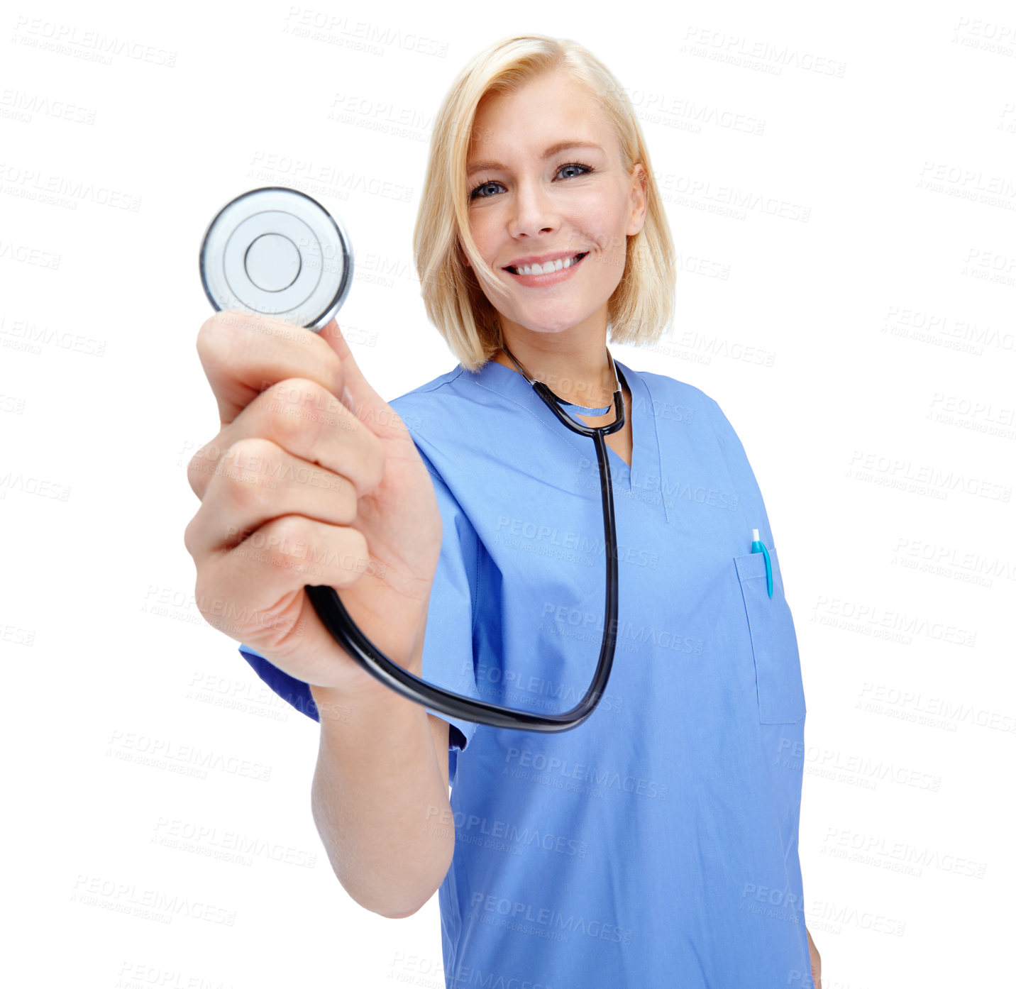 Buy stock photo Woman, doctor smile and medical stethoscope for wellness, hospital success or leader isolated in white background. Happy nurse, medic equipment or healthcare tools for cardiology or heartbeat